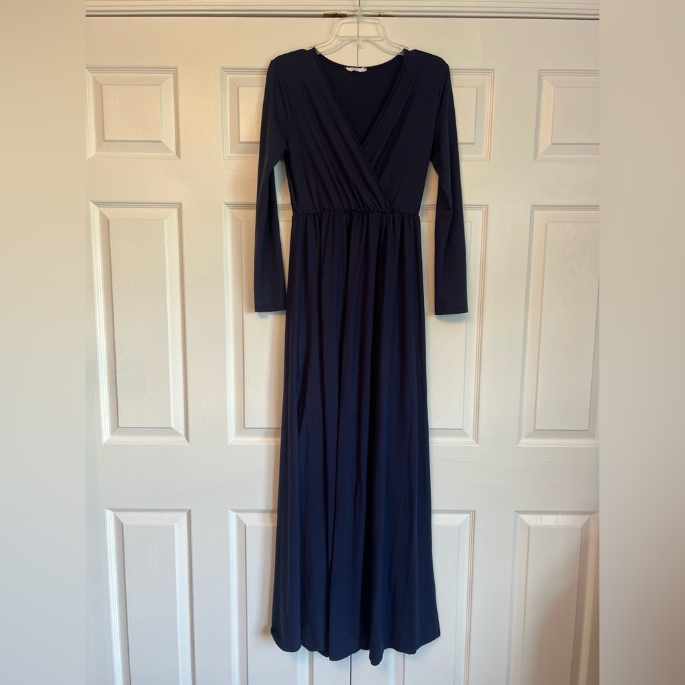Amelia James Blue Ruched Long Sleeve Gown
